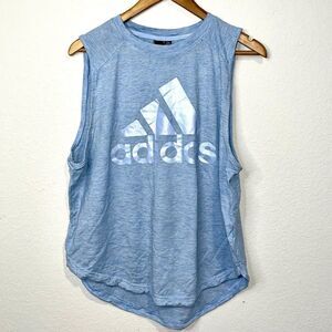 Adidas Women Tank Top sz M Blue Logo Hi Low Workout Activewear Cotton Sleeveless
